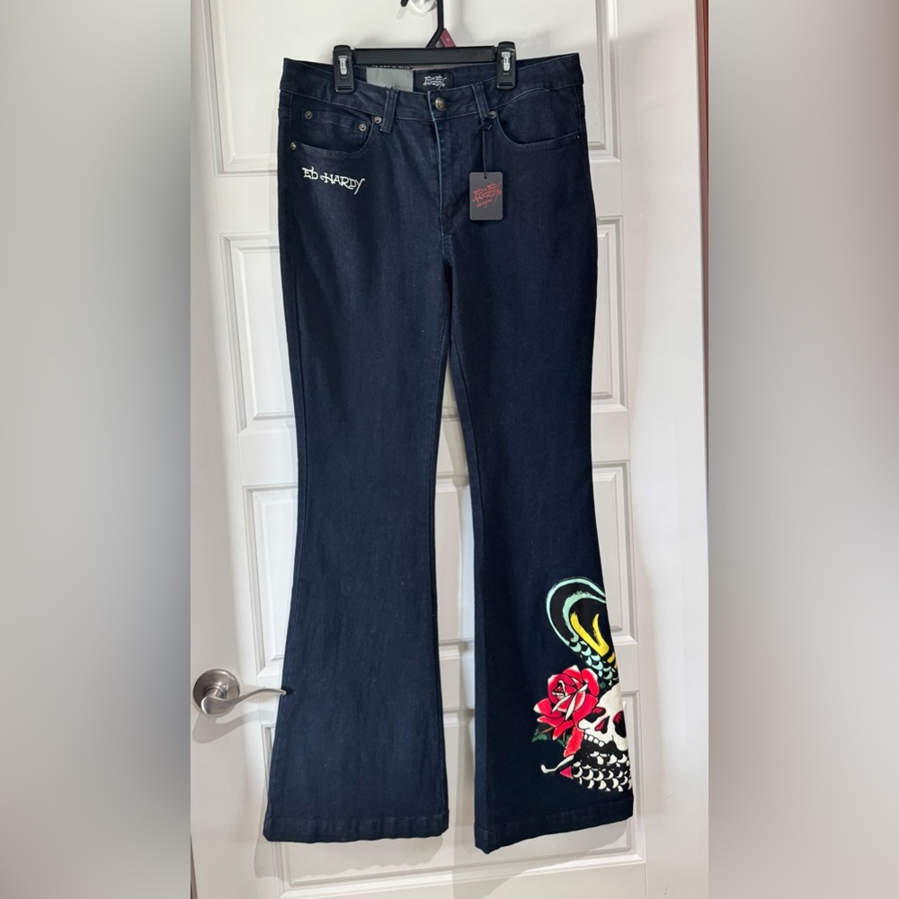 Ed Hardy Black Flare Jeans with Colorful Embroidery